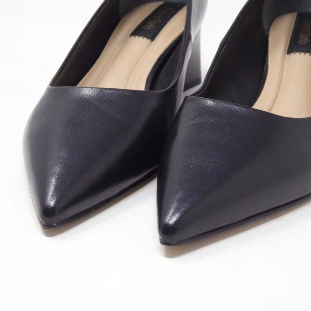 NEW Franco Sarto Womens Racer Pumps Black Leather Pointed Toe Block Heel 7.5M